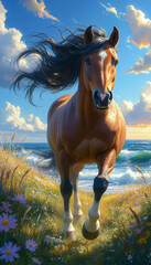 Magnificent red horse on a summer day against the background of the sea, close-up, year of the horse