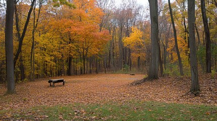 Serene autumnal woodland scene with a park bench amidst a carpet of fallen leaves.  Misty, colorful foliage fills the background