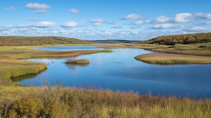 Serene autumnal wetlands scene with calm water reflecting blue sky, surrounded by colorful reeds and foliage under a partly cloudy sky
