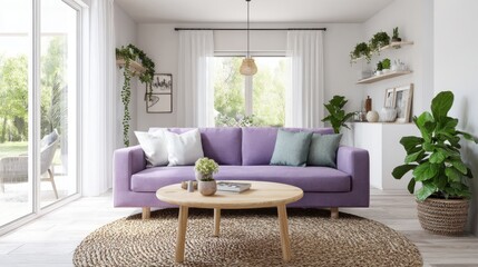 Fototapeta premium eco scandinavian living room, violet sofa, natural rug, wood accents, green plants, soft daylight