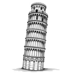 Black and white line art drawing of the Pisa Tower isolated on white background