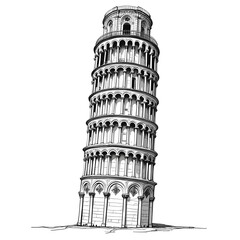 Black and white line art drawing of the Pisa Tower isolated on white background