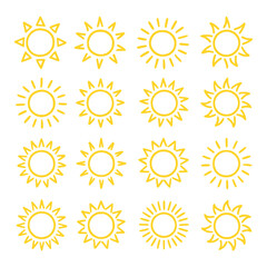 Hand Drawn Yellow Sun Icon Collection – Weather and Summer Symbols

