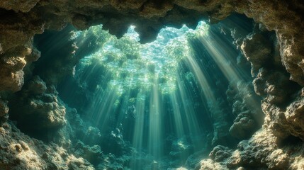 Sunlight streams into an underwater cave