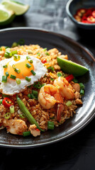 Nasi Goreng with fried rice, chicken, shrimp, sunny-side-up egg, and lime garnish