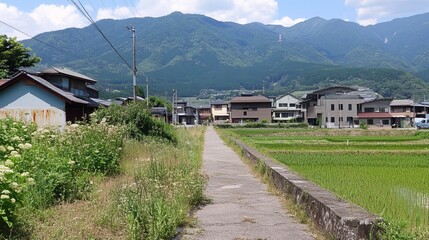 Serene countryside path meanders through a Japanese village, rice paddies, and mountains under a sunny sky