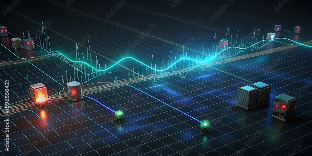 Poster a futuristic digital graph shows rising trends and data analytics with glowing connections and block