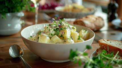 Hering salad served with boiled potatoes, sour cream, dill, and onions in a traditional German setting