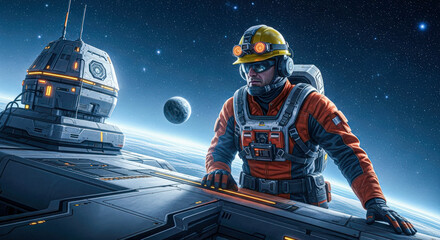 A man in a futuristic work suit and hard hat stands in space looking towards a planet, concept for exploration.