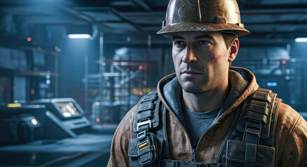 Fototapeta premium Close up portrait of a serious builder. Professional man in hardhat and work attire. Concept of construction, industry, and blue collar worker.