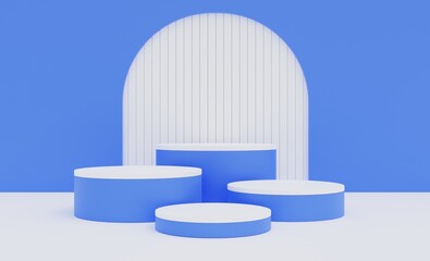 Blue and white podium, blue background for empty product advertising, 3d illustration