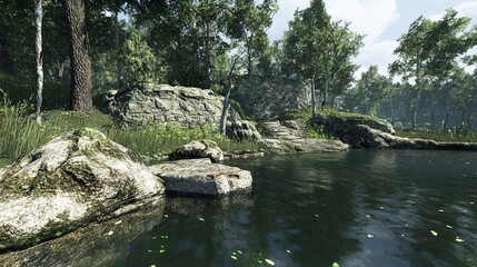 Naklejka premium Serene forest lake scene with rocky shoreline, lush greenery, and dappled sunlight