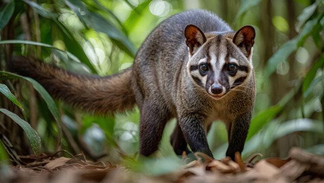 Asian Palm Civet Walking Through Lush Greenery A Captivating Glimpse into the Secretive World of Nocturnal Mammals in Their Natural Environment