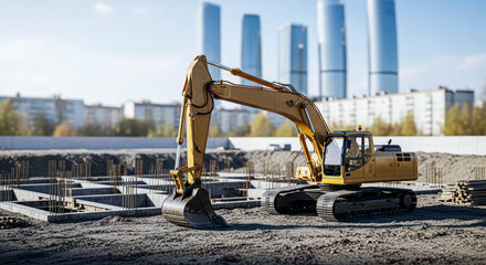 Large yellow excavator working on a building site. Heavy machinery in construction industry with new skyscrapers in background. Urban development concept.