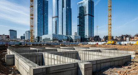 Concrete foundation structure with rebar at building construction site. Urban development and real estate project.