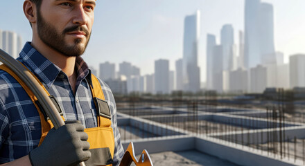 Construction worker on building site with urban skyline. Engineer or contractor at foundation project. Architecture development for real estate business.