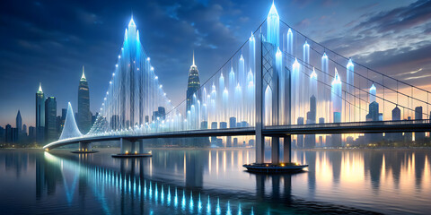 Floating bridges connecting crystal towers with data pulses