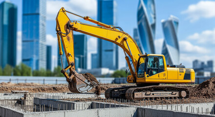 Yellow excavator moving earth at a construction site with modern city skyline in background, concept of urban development.