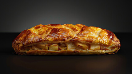 Apfelstrudel centered on a black background, highlighting golden-brown pastry and spiced apple filling