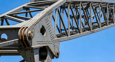 Detail of a sturdy metal crane support structure against a clear blue sky, showcasing industrial construction and strength concept.