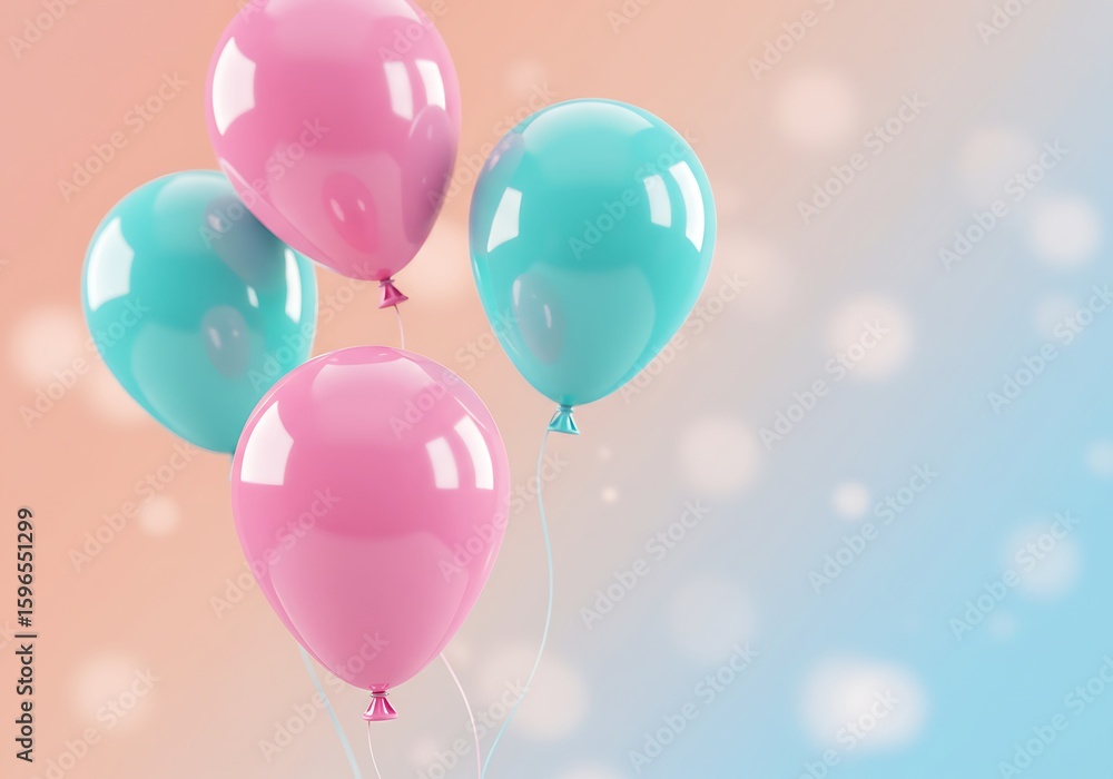 Poster four colorful balloons floating against a soft, blurred background with bokeh effects.