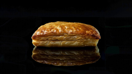 Albanian Byrek on white background, golden flaky layers with savory filling clearly visible