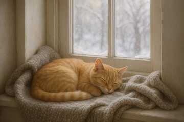 A ginger cat peacefully sleeps curled up on a cozy knitted blanket by a frosted window with a snowy backdrop.