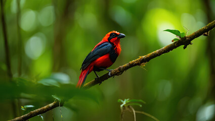 Obraz premium Crimson-rumped Toucanet Perched on a Branch in a Lush Green Forest A Vibrant Display of Avian Beauty and Tropical Wildlife in its Natural Environment