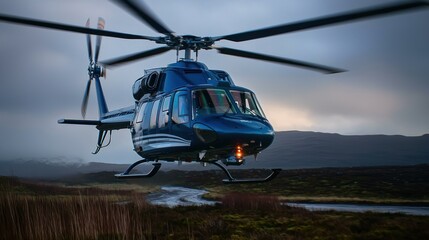 Blue helicopter flight over Scottish countryside