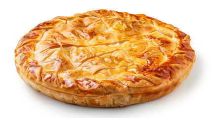 Albanian Flija on white background, golden-brown layers with savory meat and melted butter