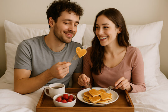 A happy couple enjoys heart-shaped pancakes and strawberries together on a breakfast tray in bed.
