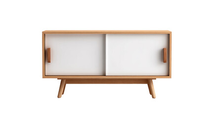 Wooden cabinet with white sliding doors and handles on transparent background.