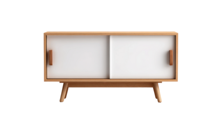 Wooden cabinet with white sliding doors and handles on transparent background.