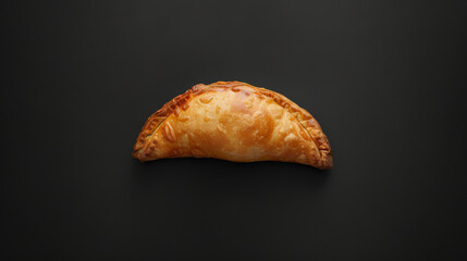 Algerian Brik on black background, golden pastry with visible filling, highlighting savory appeal