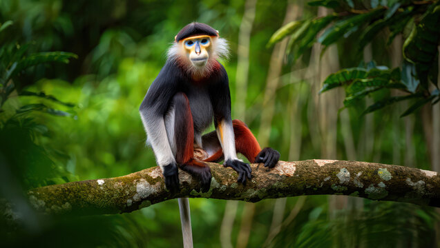 Red Shanked Douc Langur Perched on a Branch A Colorful Primate in its Natural Rainforest Setting Endangered Species and Wildlife Conservation