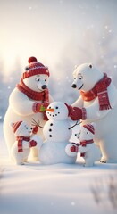 Obraz premium Polar Bear Family Building a Snowman in Winter Wonderland, Festive Scene