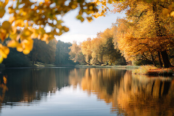 Scenic autumn landscape featuring a tranquil lake surrounded by vibrant orange and yellow foliage reflecting in the water, creating a serene and picturesque nature scenes