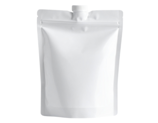 Soft plastic squeeze pouch with screw cap and blank label, isolated on a transparent background