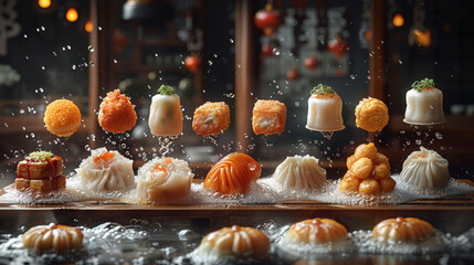 Floating assortment of dim sum, including steamed dumplings, buns, and fried items in motion