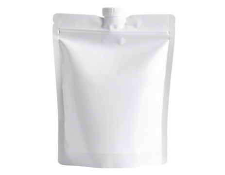 Soft plastic squeeze pouch with screw cap and blank label, isolated on a transparent background