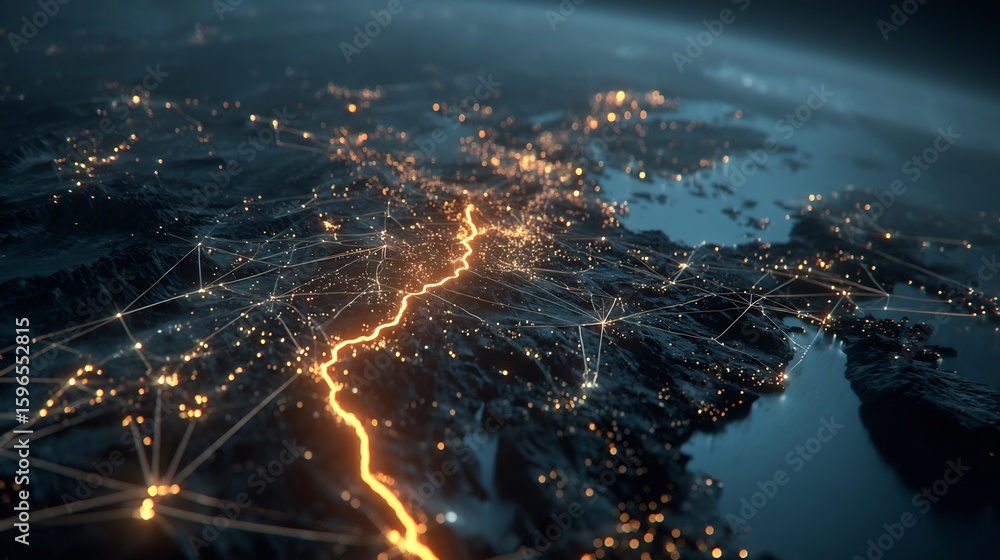 Poster global connectivity visualization with network nodes and glowing communication lines