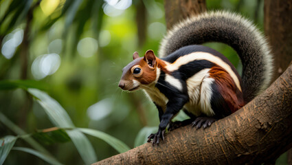 Striking Prevost's Squirrel Perched on Branch A Study in Wildlife Beauty and Natural Charm Amidst Lush Foliage and Verdant Surroundings