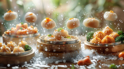 Floating assortment of dim sum, including steamed dumplings, buns, and fried items in motion
