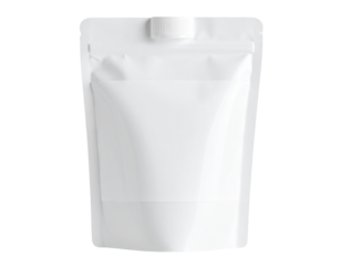 Soft plastic squeeze pouch with screw cap and blank label, isolated on a transparent background