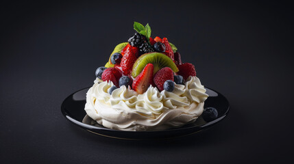 Australian Pavlova on black background, crispy meringue, whipped cream, and vibrant fruits