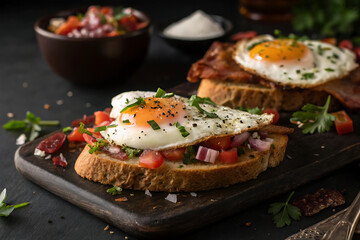 National Egg Month, a plate of breakfast with fried eggs with half cooked yolk. Placed on toast with melted butter. Looks delicious