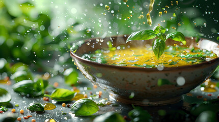Levitation image of Molokhia soup, with droplets of olive oil and Molokhia leaves floating