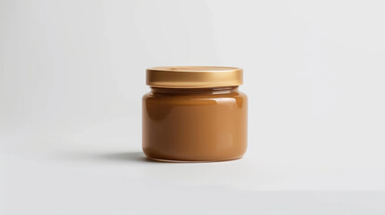 Isolated glass jar of dulce de leche on black background, rich caramel sauce in striking contrast