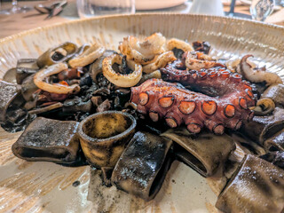 A mouthwatering plate of seafood features tender octopus, squid pasta infused with black ink, and caramelized onions. The dish showcases vibrant colors and rich flavors typical of coastal cuisine.