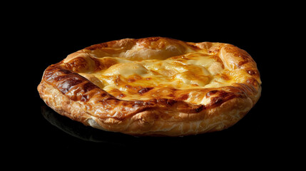 Isolated khachapuri on black background, golden crust and melted cheese in striking contrast